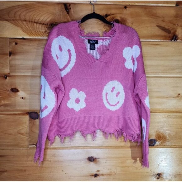 Just Polly Pink Daisy,Smiles Knit Sweater Cropped Raw Distressed Hem Oversized - Picture 4 of 9